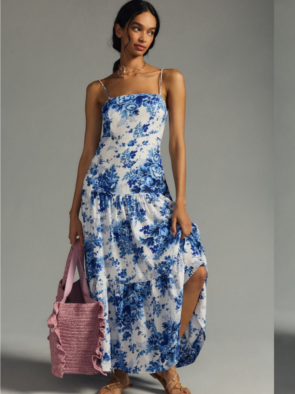 Maeve Anthropologie Mariana Drop Waist Blue White Floral Maxi Dress XS